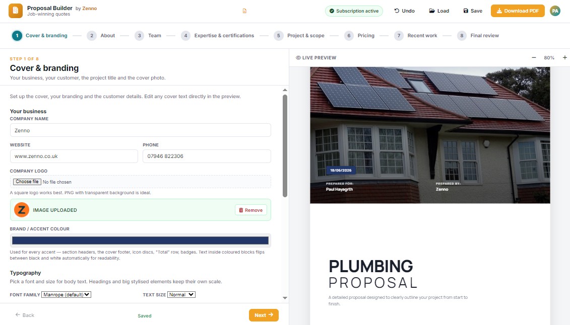 The builder cover and branding step with live preview on the right