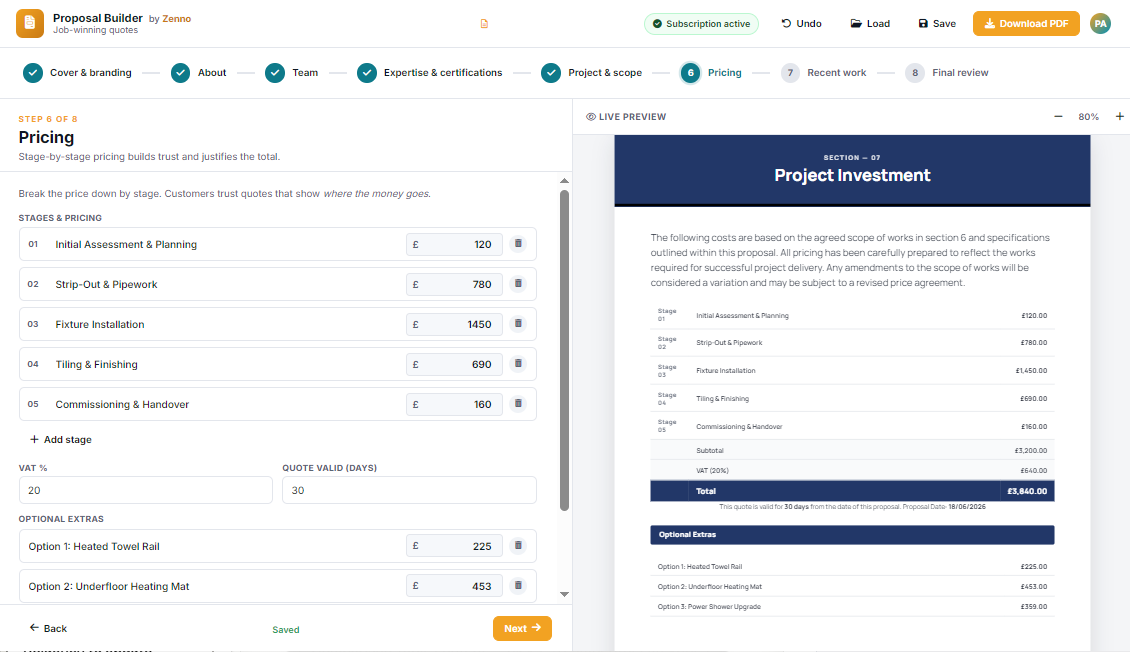 The builder pricing step with stage-by-stage breakdown