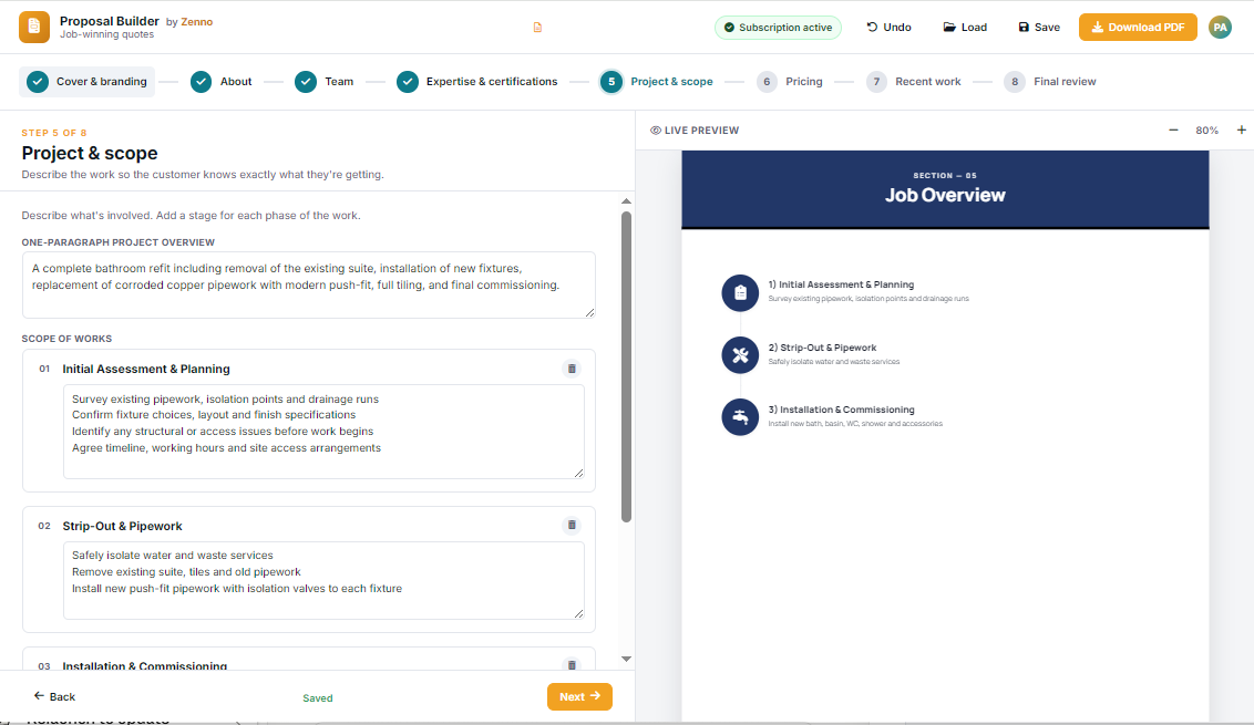 The builder project and scope step with job overview preview
