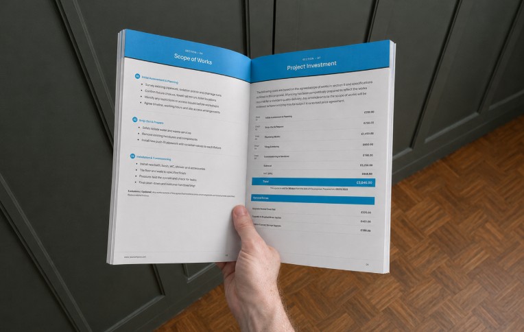 Customer holding the printed plumbing proposal brochure